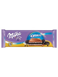 Продуктови Категории Шоколади Milka Oreo Алпийски млечен шоколад с пълнеж от млечен крем (38%) с ванилия и шоколадови бисквити (16%) 300 гр